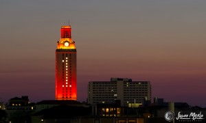 The Tower lit orange with a number 1 to commemorate the 2012 golf national championship at the University of Texas in Austin, Texas.