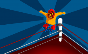 A masked luchador prepares to jump from the top rope of a wrestling ring.